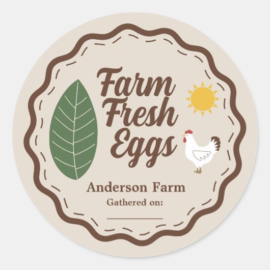 Boerderij Eggs Label Sticker met Kip, Zon en Blad (Voorkant)