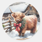  Boerderij en Highland Koe Kerst Ronde Sticker (Voorkant)