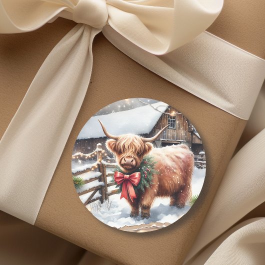  Boerderij en Highland Koe Kerst Ronde Sticker
