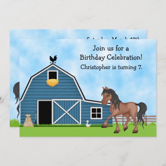 Boerderij en paard verjaardagsuitnodiging voor jon kaart (Voorkant / Achterkant)