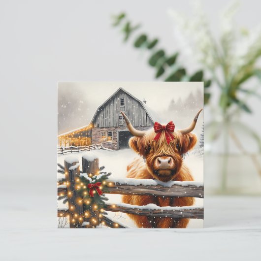  Boerderij en Schattigee Highland Koe Kerst Kaart (Staand voorkant)