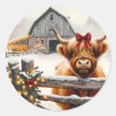  Boerderij en Schattigee Highland Koe Kerst Ronde Sticker (Voorkant)