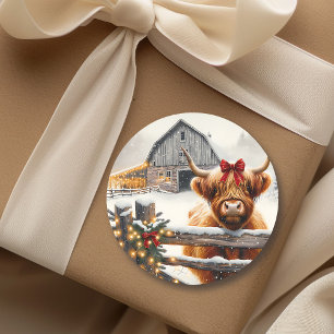Boerderij en Schattigee Highland Koe Kerst Ronde Sticker