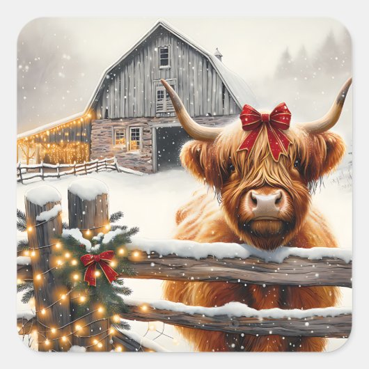 Boerderij en Schattigee Highland Koe Kerst Vierkante Sticker (Voorkant)