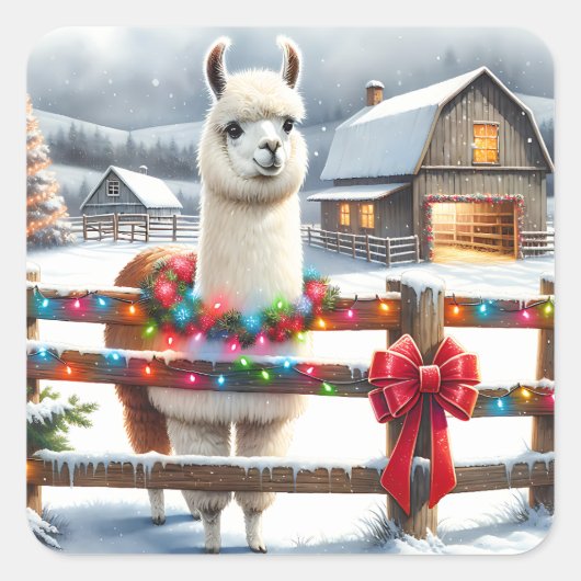  Boerderij en Schattigee Llama Kerst Vierkante Sticker (Voorkant)