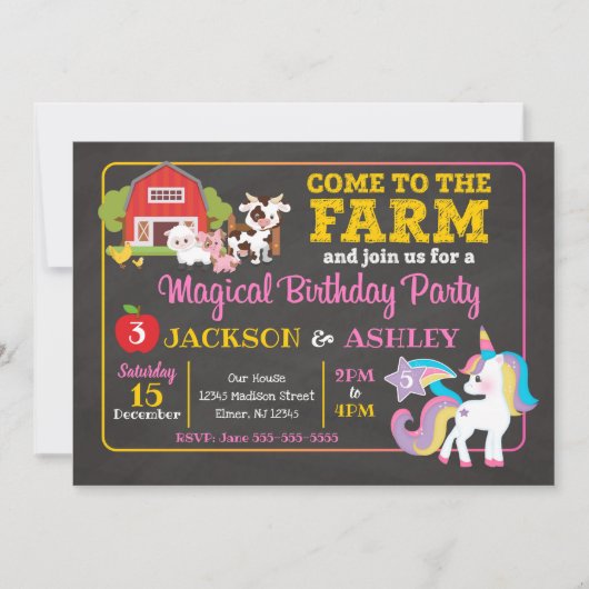 Boerderij en UNICORN Joint Birthday Invitation Kaart (Voorkant)