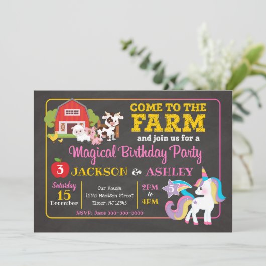 Boerderij en UNICORN Joint Birthday Invitation Kaart (Staand voorkant)