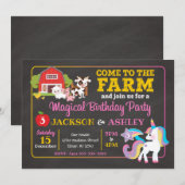 Boerderij en UNICORN Joint Birthday Invitation Kaart (Voorkant / Achterkant)