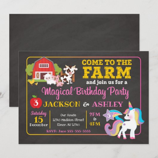 Boerderij en UNICORN Joint Birthday Invitation Kaart (Voorkant / Achterkant)