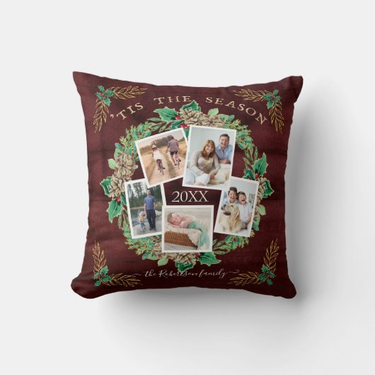 Boerderij Familie Foto Waterverf Pine Krans Goud Kussen (Voorkant)