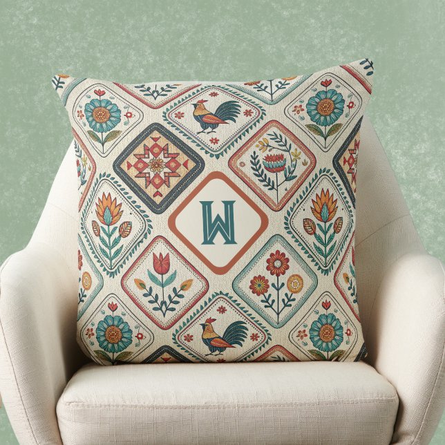 Boerderij Folk Sage Groene en Oranje Monogram  Kussen (Creator heeft geüpload)
