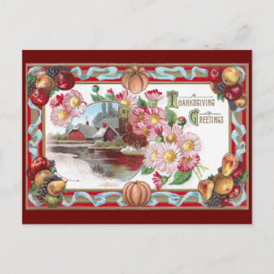 Boerderij, fruit en roze moeders Thanksgiving Feestdagenkaart