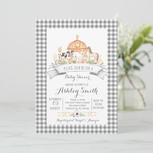 Boerderij Gingham baby shower-uitnodiging Kaart (Staand voorkant)