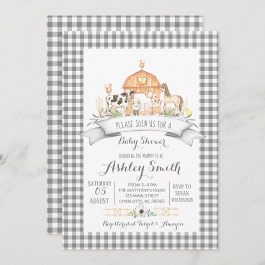 Boerderij Gingham baby shower-uitnodiging Kaart (Voorkant / Achterkant)