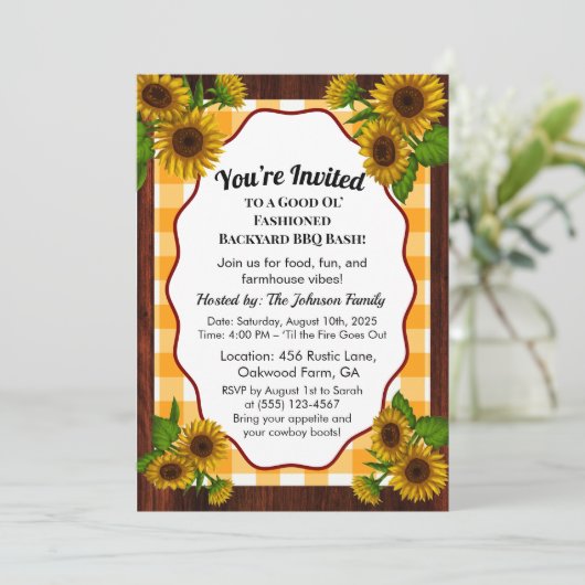 Boerderij Gingham BBQ Uitnodiging | rustiek land (Staand voorkant)