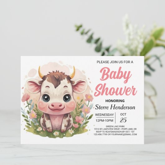 Boerderij Girly Online Koe Baby shower Kaart (Staand voorkant)