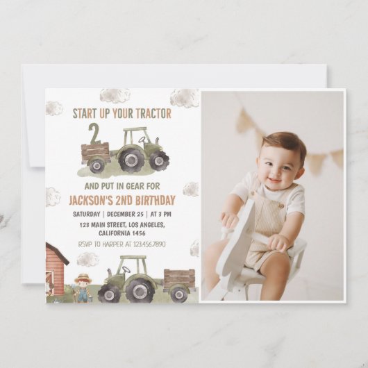 Boerderij Groene Tractor 2e Verjaardag Foto Kaart (Voorkant)
