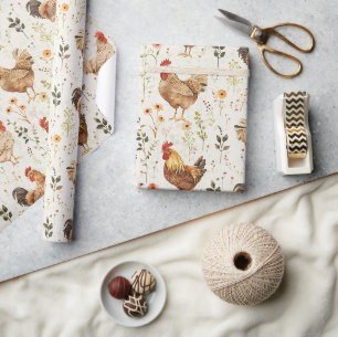 Boerderij Hanen Kippen Bloemen Cadeaupapier