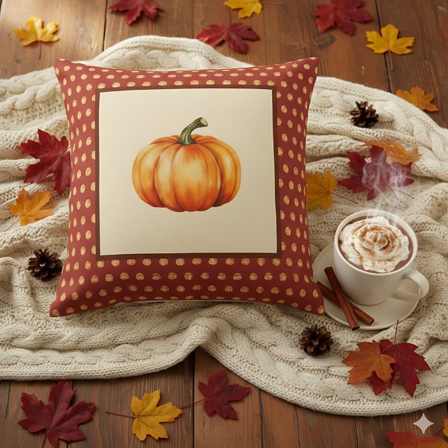 Boerderij Herfst Decor met pompoen - Retro Herfst Kussen (Decorative pumpkin pillow with fall leaves background.)