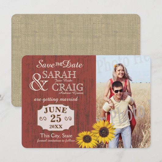Boerderij hout en zonnebloem foto save the date (Voorkant / Achterkant)