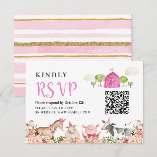 Boerderij Huis Dieren Barnyard 1e Verjaardag RSVP  Bedankkaart (Voorkant / Achterkant)