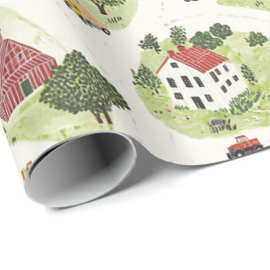 Boerderij huis schuur en tractoren. Klein dorpsdor Cadeaupapier