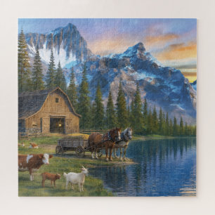 Boerderij in de bergen bij zonsondergang Vreedzaam Legpuzzel