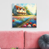 Boerderij in een bloemenveld canvas afdruk (Insitu (Woonkamer))