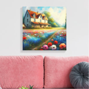 Boerderij in een bloemenveld canvas afdruk