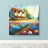 Boerderij in een bloemenveld canvas afdruk (Insitu (Houten vloer))