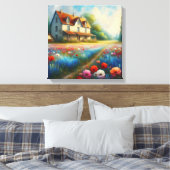 Boerderij in een bloemenveld canvas afdruk (Insitu (Slaapkamer))