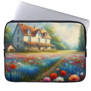 Boerderij in een bloemenveld laptop sleeve