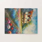 Boerderij in een bloemenveld legpuzzel (Horizontaal)