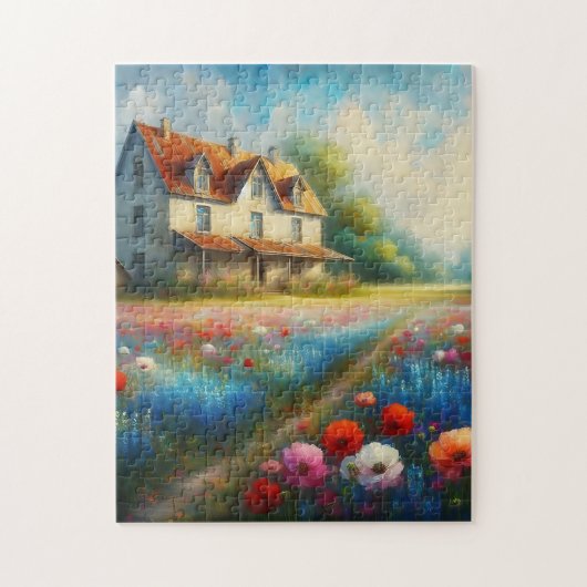 Boerderij in een bloemenveld legpuzzel (Verticaal)