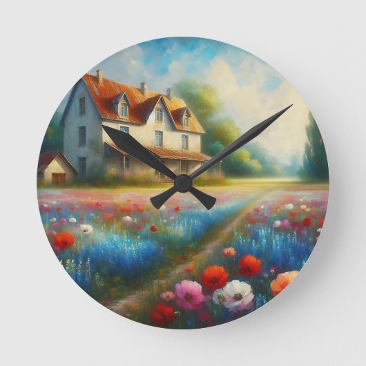 Boerderij in een bloemenveld ronde klok (Voorkant)