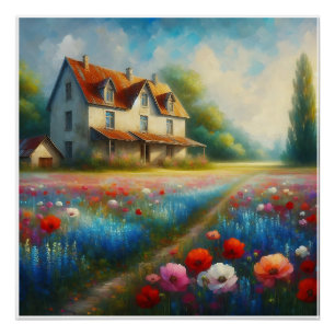 Boerderij in een veld met bloemen perfect poster