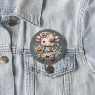 Boerderij Kern Kawaii Kalf in Vintage Bloemenjurk Ronde Button 7,6 Cm