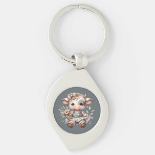 Boerderij Kern Kawaii Kalf in Vintage Bloemenjurk Sleutelhanger