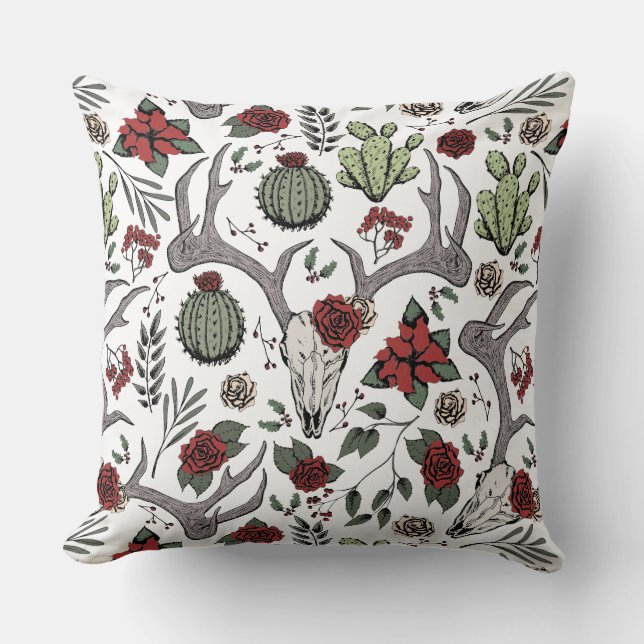 Boerderij Kerst Bloemen Herten Schedel Antlers Kussen (Voorkant)