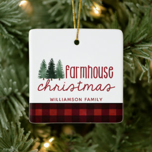 Boerderij Kerst Buffalo Plaid Naam Foto Keramisch Ornament