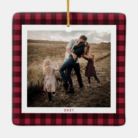 Boerderij Kerst Buffalo Plaid Naam Foto Keramisch Ornament (Achterkant)