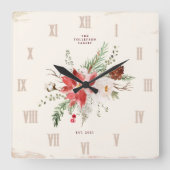 Boerderij Kerst Winter Poinsettia Rustiek Vierkante Klok (Voorkant)