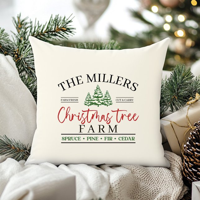 Boerderij kerstbomen kussen (Christmas Tree Farm Throw Pillow with Custom Family Name)