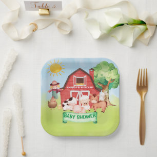 Boerderij Knuffeldieren Groene Baby Shower Papieren Bordje