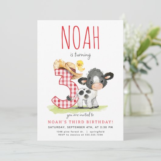 Boerderij Koe Derde Verjaardagsuitnodiging Kaart (Staand voorkant)