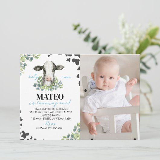Boerderij Koe Eerste verjaardag Fotouitnodiging Bedankkaart (Staand voorkant)