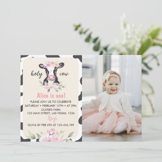 Boerderij Koe Eerste verjaardag Fotouitnodiging Bedankkaart (Staand voorkant)
