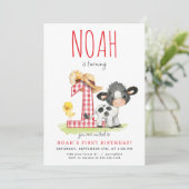 Boerderij Koe Eerste Verjaardagsuitnodiging Kaart (Staand voorkant)
