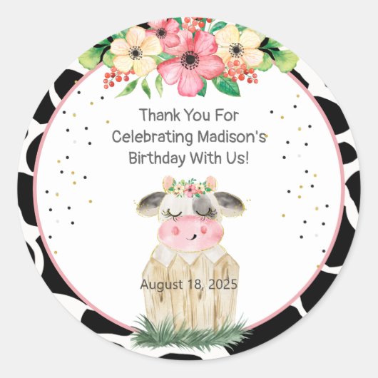 Boerderij Koe Floral Girls Birthday Sticker (Voorkant)