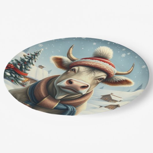 Boerderij Koe in Preppy Winter Kleding en Pet Wint Papieren Bordje (Gekanteld)